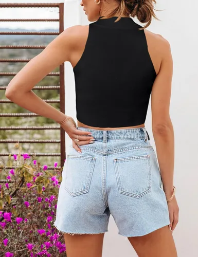 Vista 5 de Shermia Camiseta corta sexy sin mangas con cuello halter para mujer, espalda cruzada, de punto suave, ajustada