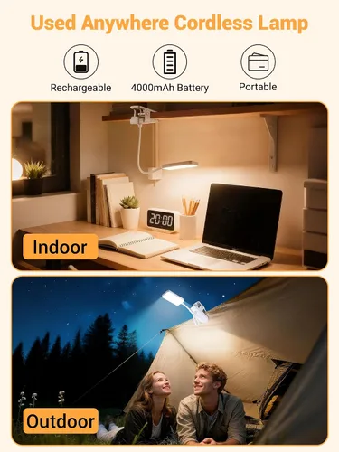 Vista 4 de Lámpara con Pinza, 9 Niveles de Brillo + 5 Colores Luz con Abrazadera, Lámpara de Escritorio Recargable con Batería de 4000mAh con Pinza, 450