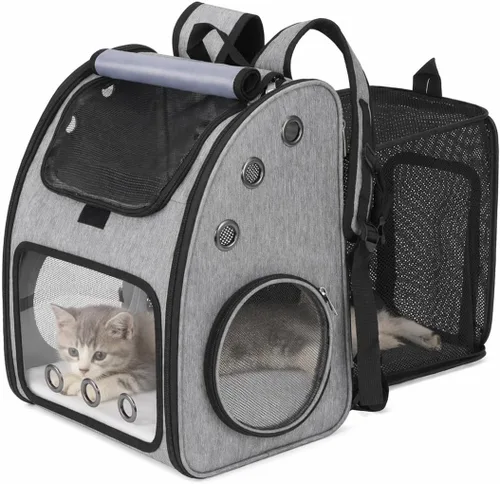 Vista 9 de Mochila transportadora para gatos, mochila expandible para gatos y mascotas pequeñas, diseño transpirable súper ventilado, mochila de viaje portátil