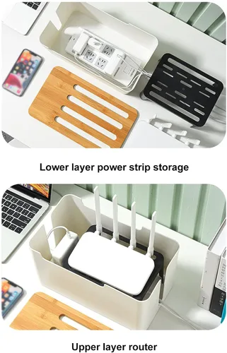 Vista 6 de Caja de almacenamiento de enrutador, regleta de alimentación y organizador de cables, estante de enrutador de madera, cubierta de enrutador