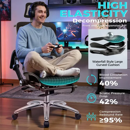 Vista 8 de Ergonomic Mesh Office Chair with Footrest, Big and Tall Home Desk Chair with 5D Flip-Up Arms, Adjustable Lumbar Support, Gaming & Executive Computer