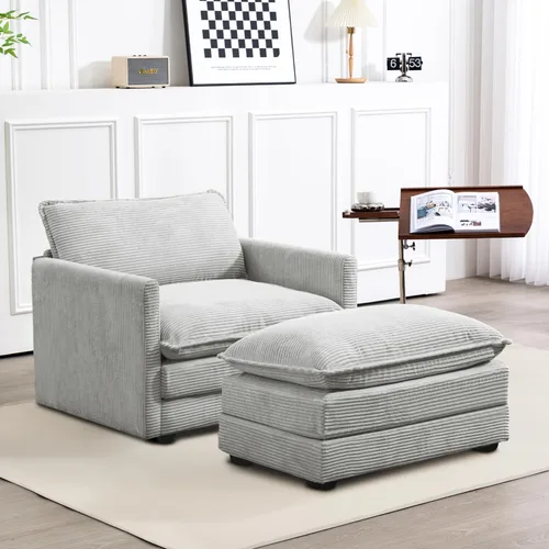 Vista 22 de ROWHY Sillón individual con otomano, sofá moderno de corduroy en forma de nube con chaise convertible, sofá tapizado para sala de estar, beige