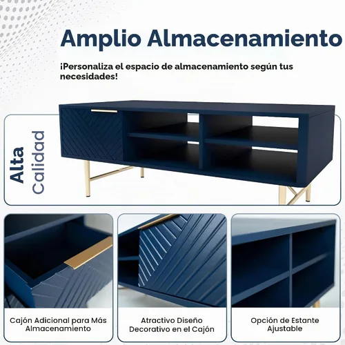 Vista 5 de Mesa de centro moderna con almacenamiento, acabado mate azul oscuro con patas doradas, mesa de centro cuadrada para sala de estar y granja
