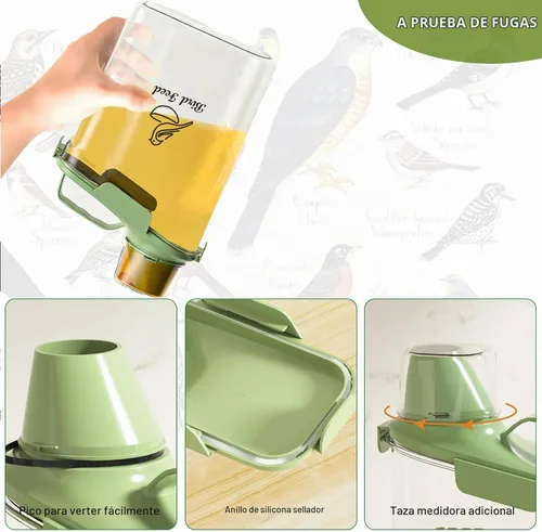 Vista 2 de Contenedor de almacenamiento de semillas de pájaros, portátil, contenedor transparente de comida para mascotas de 3 cuartos de galón, con taza Verde
