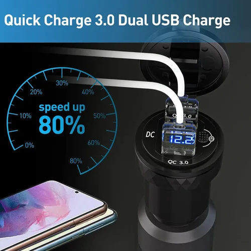 Vista 3 de DIN Hella Plug to Dual QC 3.0 Cargador USB Adaptador de corriente con voltímetro e interruptor de encendido/apagado para BMW Ducati Triumph