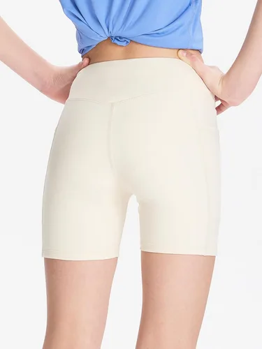 Vista 3 de DEVOROPA Pantalones cortos de 5" de elastano para niñas, pantalones cortos de voleibol, pantalones cortos elásticos para atletismo y gimnasia Beige