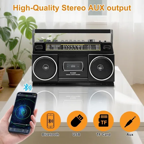 Vista 6 de Reproductor de casete Boombox con Bluetooth, radio AM/FM/SW y grabación a USB, sonido estéreo de 24 W, 4 modos de alimentación, estéreo retro