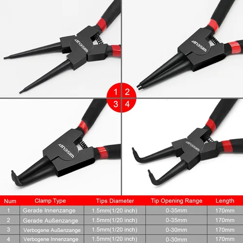 Vista 5 de WISEUP Juego de alicates de anillo a presión, 4 piezas de 7 pulgadas, kit de alicates de circlip interno/externo de 7 pulgadas, puntas de mandíbula