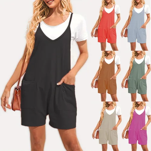Vista 2 de DOGECOIN Mono de moda para mujer, overol de verano con tirantes sueltos, pantalones cortos con bolsillos