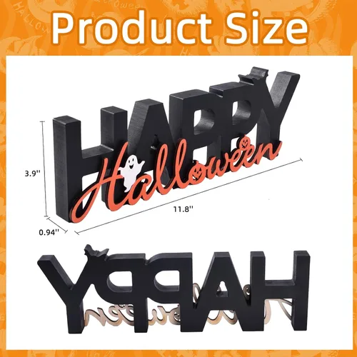 Vista 3 de GHOSTMAGIC Happy Halloween Sign Wooden Table Centerpiece Indoor Decoration 3D Wooden Tabletop Sign with Cute Ghost & Pumpkin for Halloween Decor
