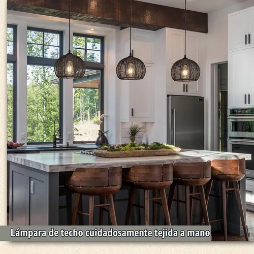 Vista 7 de Ayshwill Dec Lámpara de araña negra tejida estilo boho de ratán y mimbre con cúpula, lámpara colgante para comedor, dormitorio, isla de cocina