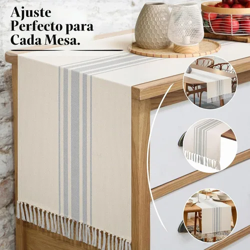 Vista 7 de Native Fab Camino de mesa a rayas grises – Mantel bohemio de 72 pulgadas de largo con borlas – 100% algodón, tejido apretado, mantel antideslizante