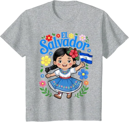 Vista 6 de Camiseta de estilo tradicional floral para niña con la bandera de El Salvador