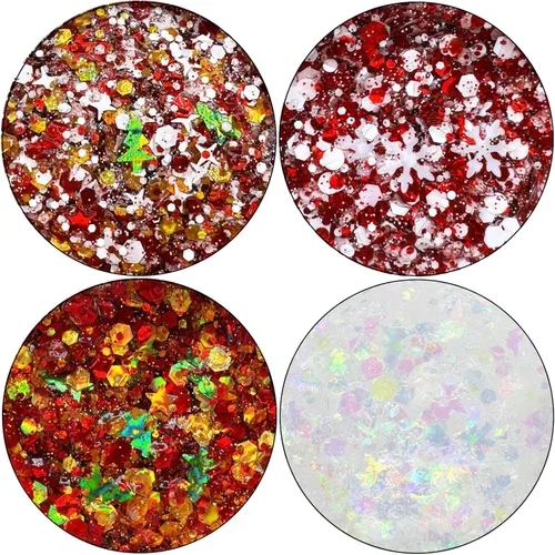 Vista 4 de Gel con purpurina para el cuerpo navideño, 4 colores, 8.5 onzas, holográfico, grueso, sirena, iridiscente, láser, estrella, flor y hojas
