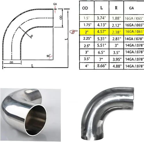 Vista 3 de Codo de Mandril de 90 Grados de Acero Inoxidable de 2" - Pared 16GA/.065" - Tramo de 1.5" - Tubería de Codo de Escape de Acero Inoxidable SS304