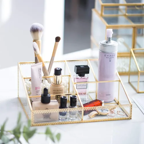 Vista 2 de Organizador de maquillaje antiguo para encimera, caja de almacenamiento de cosméticos de cristal, soporte de gran capacidad para pinceles, lápices