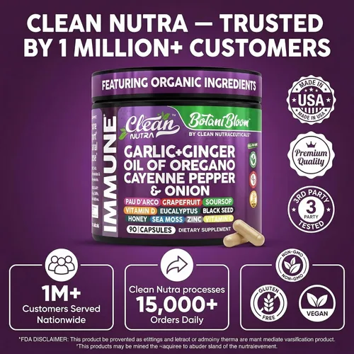 Vista 8 de Clean Nutra Aceite de Ajo y Jengibre de Orégano Pimienta Cayena Pomelo Guanábana Comino Negro Musgo Marino Pimienta Negra Vitamina C y Zinc VIT C