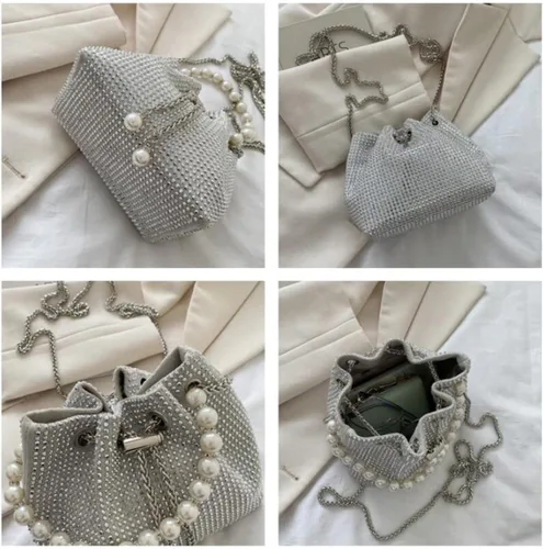 Vista 2 de Mini bolso cruzado de noche para mujer, bolso de mano brillante con correa de perlas