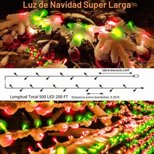 Vista 5 de Luces de Navidad de 200 pies con 500 luces LED para decoración al aire Rojo+Verde