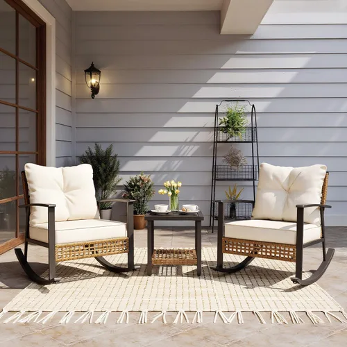 Vista 12 de LAUSAINT HOME Mecedora de mimbre para exteriores, silla de patio de gran tamaño, cómoda silla mecedora con cojín grueso, silla moderna y acogedora