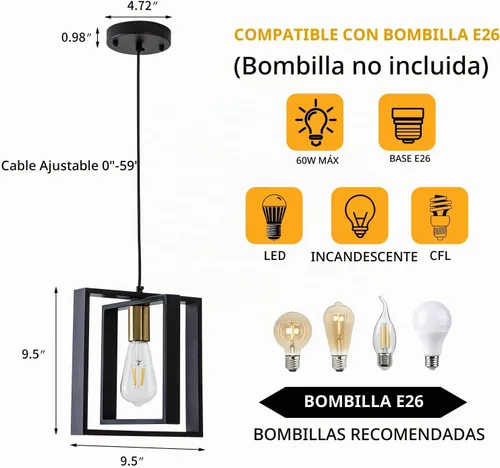 Vista 3 de Lámpara colgante negra de granja, candelabro pequeño de 1 luz, lámpara de comedor de madera con cable ajustable, luces colgantes para pasillo, isla
