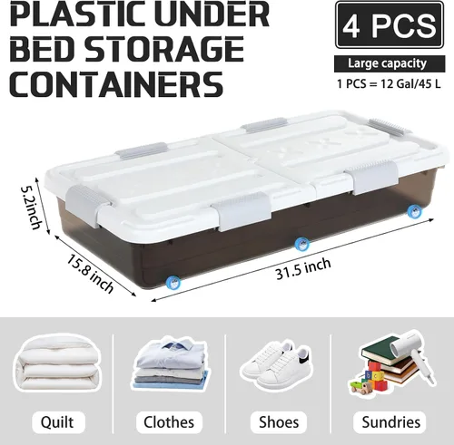 Vista 2 de Beeveer Contenedor de plástico para guardar debajo de la cama, 4 unidades, con tapa de doble apertura, asa de rueda, transparente, de gran Marrón