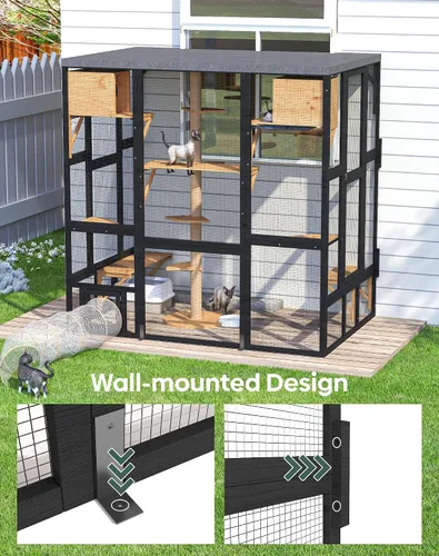 Vista 6 de Cerca exterior Katio para gatos, Katio al aire libre de entrada amplia con acceso a ventana, Katio montado en la pared para múltiples gatos con casa