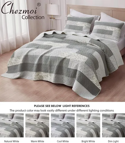 Vista 5 de Chezmoi Collection Caleb - Juego de edredón de 2 piezas con diseño floral a cuadros en gris apagado, blanco y marfil, rectangular, prelavado