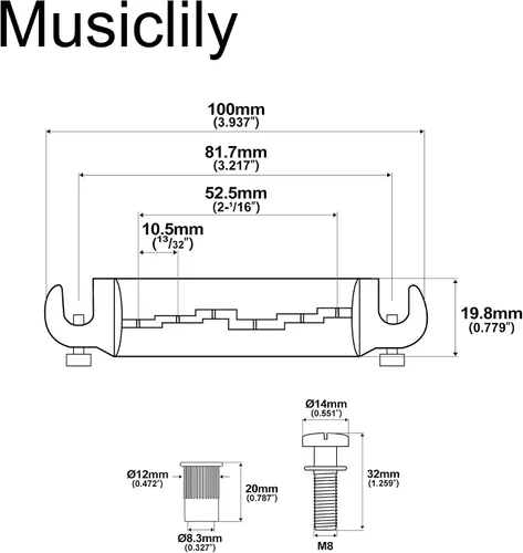 Vista 2 de Musiclily Pro BW003 2.1 in Pre-set Wraparound Bridge Tailpiece Negro