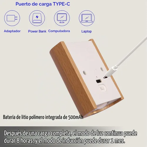 Vista 5 de LANDGOO Luz nocturna de madera de fresno blanco con sensor de movimiento inteligente - Luz de escalera recargable de 2700K LED para dormitorio