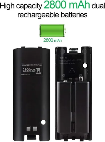 Vista 2 de Estación de carga Wii, base de carga dual con dos baterías recargables de 2800 mAh para control remoto Wii (negro)