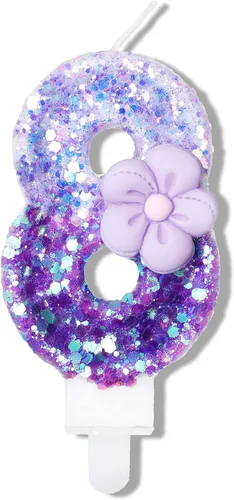 Vista 12 de Velas número 0, velas de cumpleaños con número de flor morada para pastel, velas de números morados que crean un ambiente romántico y cálido