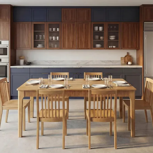 Vista 2 de Mesa de comedor de madera maciza de 39 pulgadas para 2-4, mesa rectangular moderna de madera real, diseño acanalado de mediados de siglo