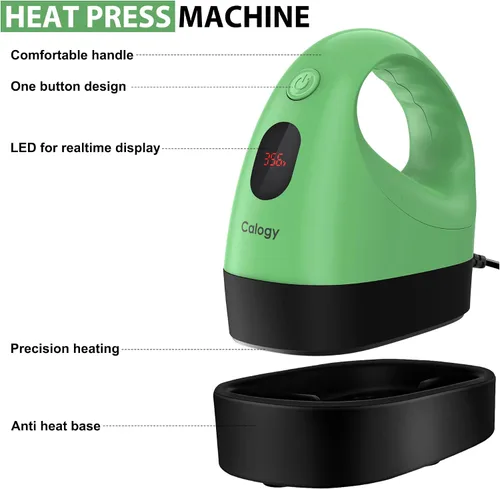 Vista 6 de Calogy Mini prensa de calor, máquina de transferencia de calor, control de temperatura constante, base de seguridad aislada, se adapta a Verde