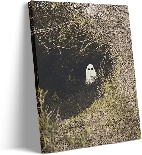 Vista 11 de Bonito arte de pared de gato negro de Halloween, divertido póster de lienzo de luna llena con ojos amarillos y cita de Feliz Halloween