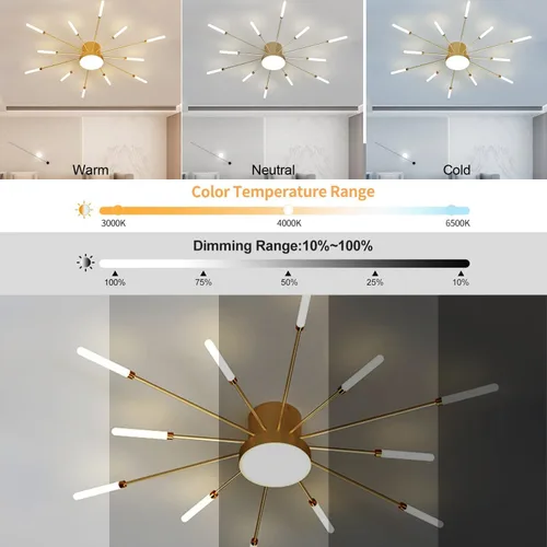 Vista 3 de Lámpara de techo LED regulable de 32 pulgadas, 12 luces de techo, lámpara de techo empotrada, iluminación de interior dorada para sala de estar, 12