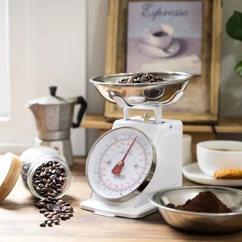 Vista 4 de MARLIZ Báscula de cocina retro pequeña 4.4Lb/4.4 lbs con 2 cuencos blanco Esfera mecánica Vintage Pesa para alimentos bascula