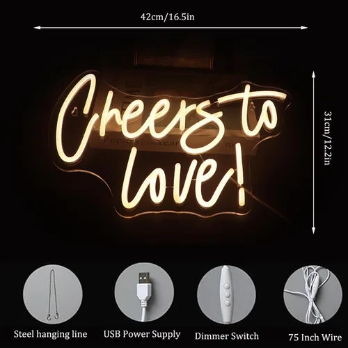 Vista 5 de QiaoFei Letrero LED de neón con texto en inglés «Cheers To Love» alimentado por USB con regulador de intensidad, luces de neón para habitación