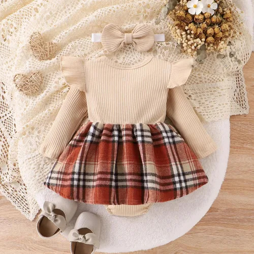 Vista 2 de Maemukilabe Infant Newborn Baby Girl Ruffle Sleeve Dress Romper 2Pcs Tulle Bodysuit Headband Set Christmas Halloween Clothes