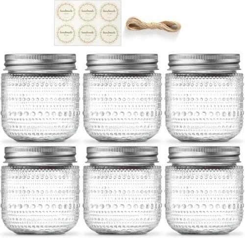 Vista 10 de Paquete de 8 frascos pequeños de vidrio con tapas, tarros pequeños de 4 onzas en relieve, tarro de conservas de boca regular con bandas de sellado