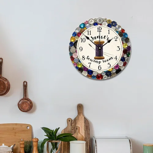Vista 5 de ArogGeld Reloj de pared personalizado para sala de costura, botón de joya de color, 10 pulgadas, reloj de sala de manualidades, funciona
