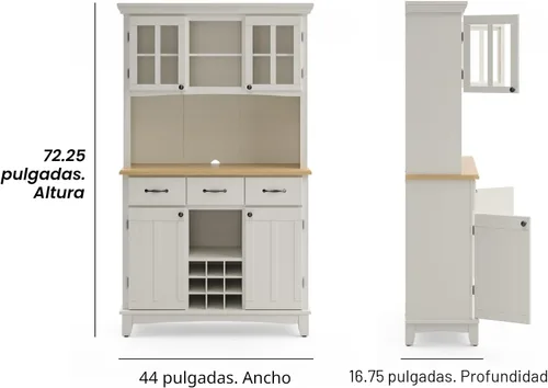 Vista 3 de Homestyles Buffet de Buffets Servidor Blanco Roto con Hutch y Tapa de Madera Natural