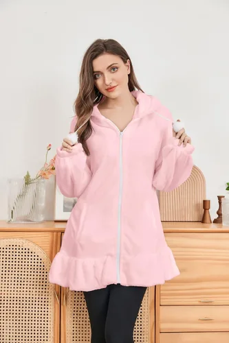 Vista 4 de Lanliun Abrigos de conejo de moda con capucha de orejas de conejo para mujer, suéter de franela con cremallera, abrigos de conejo
