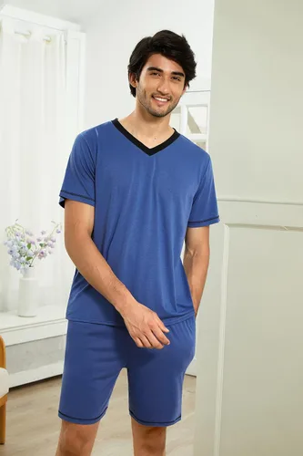 Vista 4 de Ekouaer Conjunto de pijama para hombre, manga corta, cuello en V, 2 piezas, pantalones cortos con bolsillos, ropa de dormir de verano para hombre