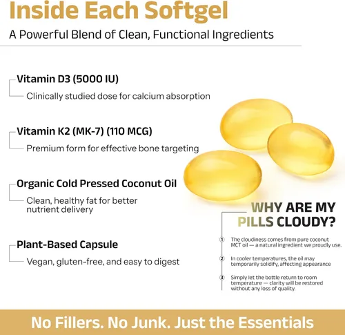 Vista 3 de Vitamina D3+K2 con aceite de coco, vitamina D vegana de 5,000 UI y MK7 Vitamina K 110mcg para apoyo óseo, corazón e inmunológico, sin OMG, probado