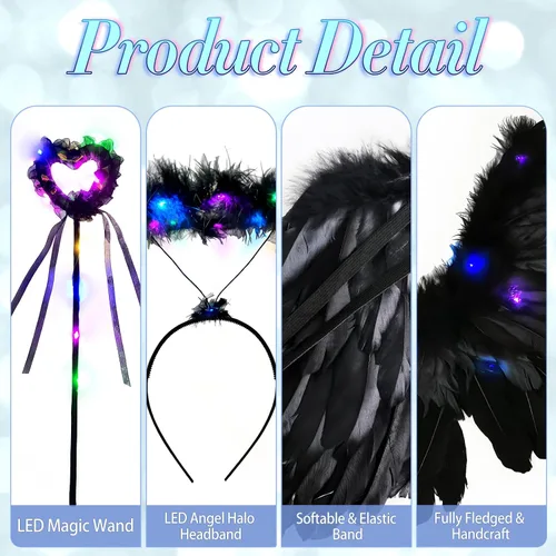 Vista 3 de Goenb Alas de ángel iluminadas, disfraz de ángel para mujeres, adultos, niñas, niños, alas de ángel y accesorios de halo para fiesta de Halloween