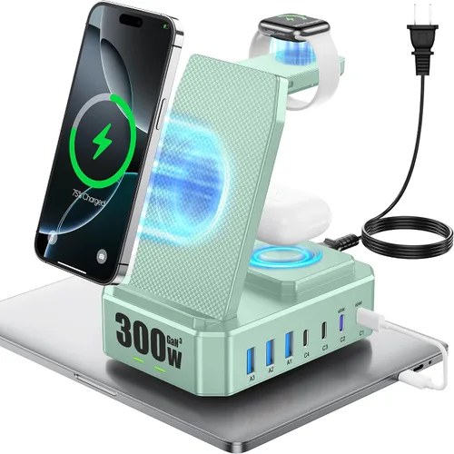 Vista 10 de Estación de carga de 300W para múltiples dispositivos Apple, cargador inalámbrico 10 en 1 para iPhone, soporte de carga rápida PD 65W USB C GaN III