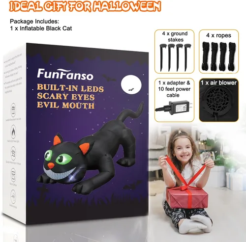 Vista 6 de FunFanso Decoración inflable de Halloween de 7 pies para patio de gato negro, decoración de Halloween al aire libre con luces LED brillantes