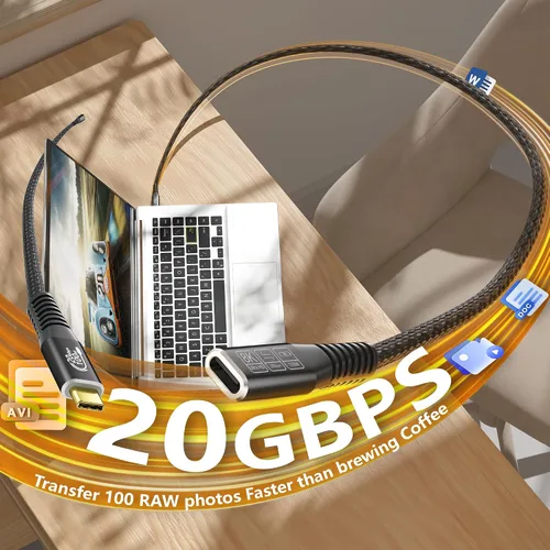 Vista 3 de Cable de extensión USB C largo de 20 pies, cable extensor USB3.2 tipo C de 20 Gbps/100 W, salida de video de 4K a 60 Hz, cable de carga trenzado