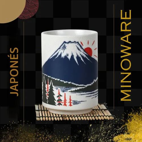 Vista 3 de Tazas de té japonesas Sushi-Yunomi Mino Ware con posavasos de bambú (juego de 2) (Mt. Fuji)